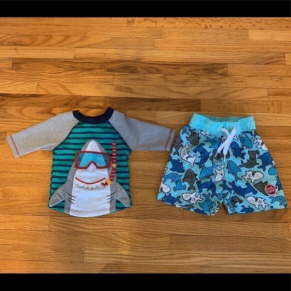 Shark Rashguard & Swim Trunks. Ages 0-12 Months - Picture 1 of 3
